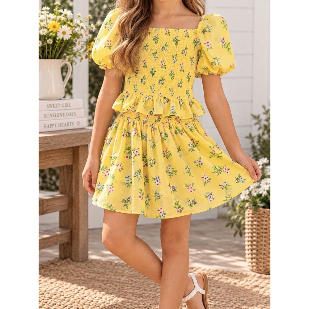 Janie And Jack Girls 2 Piece Outfit Size 12 Smocked Yellow skirt, Top Lined